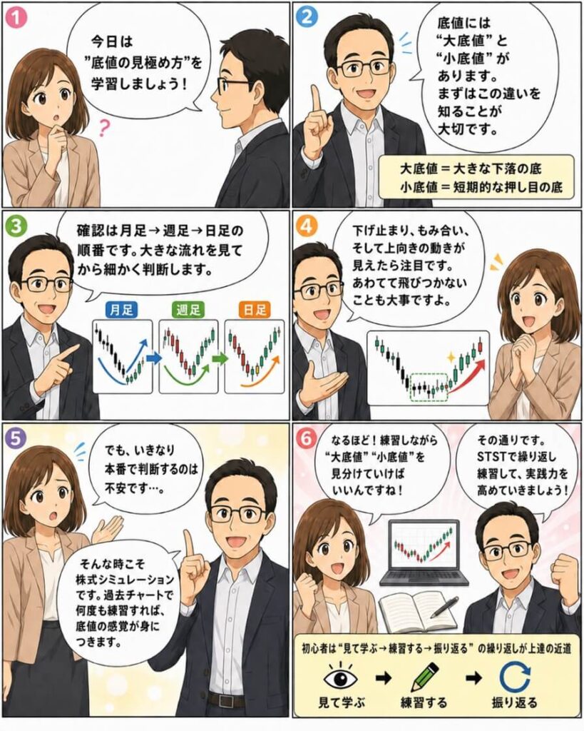 株式シミュレーションで底値の見極め方を学ぶ初心者向け6コマ漫画